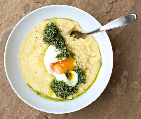 Cheesy Grits with Poached Egg and Olive Pesto