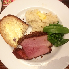 Dinner: Brown sugar ham, mashed potatoes and green peas with snow peas